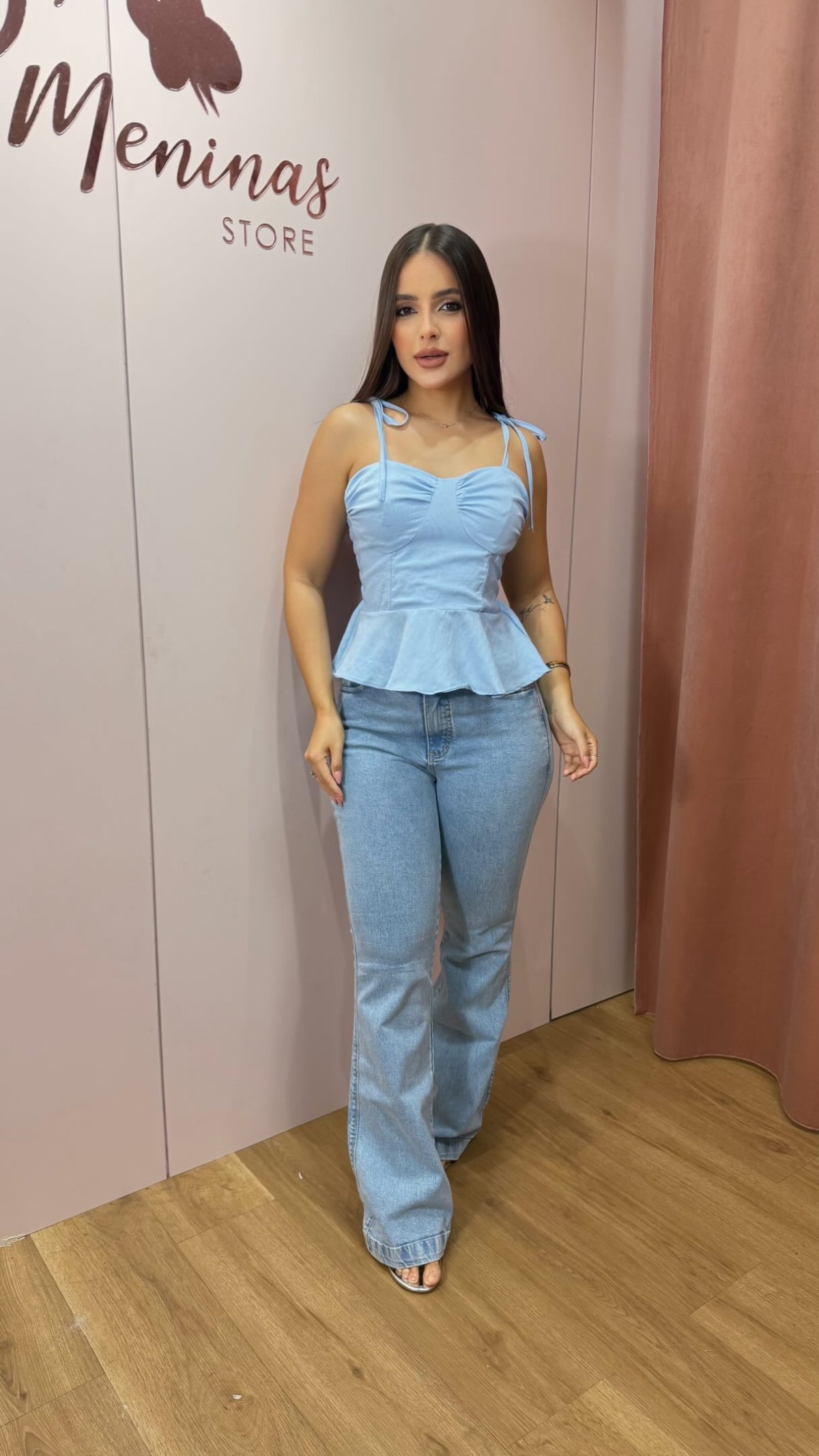 D'meninas - conjunto top peplum azul jeans
