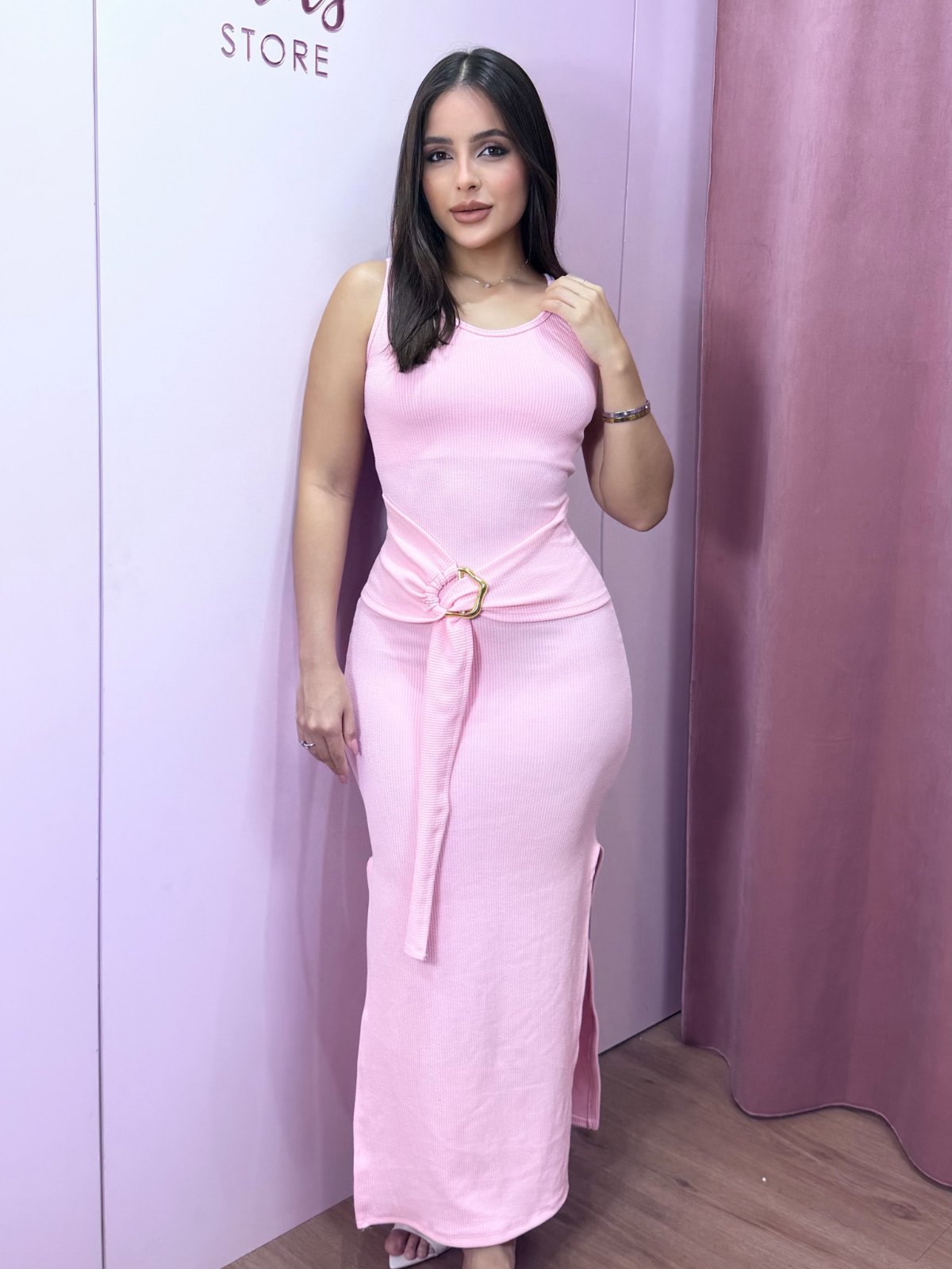 D'meninas - vestido longo canelado rosa